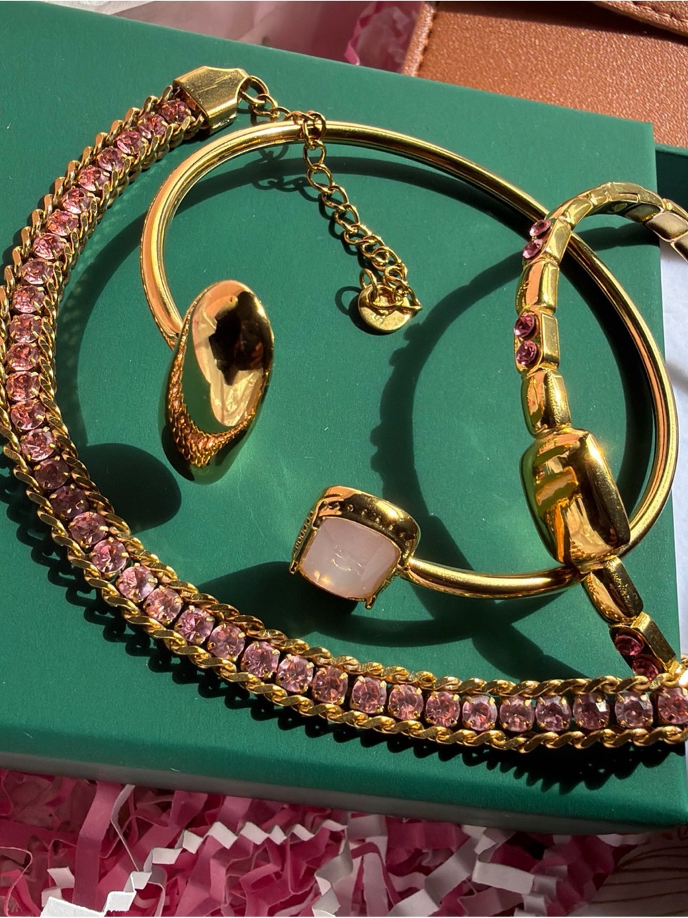 Gold-Tone Pink Crystal Bracelet Set - Women's Fashion Jewelry